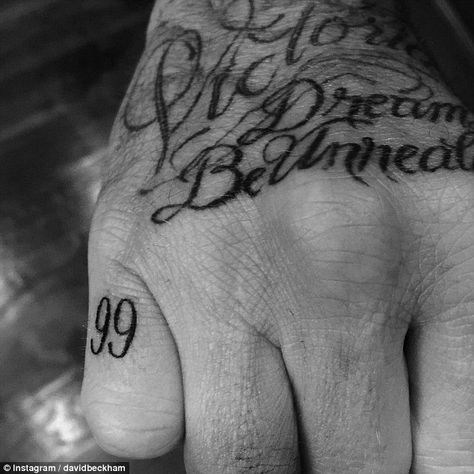 Wearing his heart on his sleeve: David has a number of tattoo tributes to his family, including the number 99 on his finger to mark the year he wed Victoria David Beckham Wedding, David Beckham Tattoos, 99 Tattoo, Beckham Wedding, Wife Tattoo, Finger Tats, Summer Tattoo, Latest Tattoos, Inked Magazine