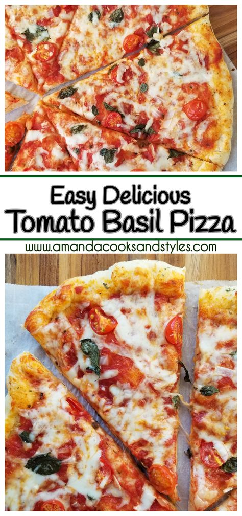 Easy Delicious Tomato Basil Pizza – Homemade pizza recipe made with fresh mozzarella and parmesan cheeses, fresh basil, garlic, and tomatoes. Tomato And Basil Pizza, Pizza With Fresh Basil, Basil Tomato Pizza, Pizza With Fresh Tomatoes, Tomato Pizza Recipes, Fresh Tomato Pizza, Pizza With Basil, Pizza With Tomatoes, Boboli Pizza