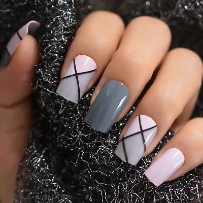 • Full Cover. I will reply within 24 hours. Simple Fake Nail Designs, Gray Dipped Nails, Purple And Gray Nails Design, Grey And Burgundy Nails, Short Grey Nails Ideas, Grey Plaid Nails, Pink And Gray Nails Design, Grey Acrylic Nails Designs, Two Nail Colors