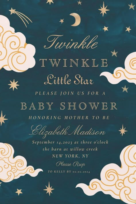 Twinkle Twinkle Little Star Baby Shower Invitations Star Theme Gender Reveal, Star Themed Baby Shower Ideas, Star And Moon Baby Shower Ideas, Star Theme Baby Shower Ideas, Baby Shower Moon Theme, Star And Moon Party, Stars And Moon Baby Shower Ideas, Twinkle Little Star Gender Reveal Ideas, Moon Themed Baby Shower Ideas