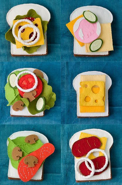 lots of cute felt food patterns: sandwiches, fruit, cupcakes, doughnuts, pasta, etc. Felt Food Patterns, Diy Sy, Baby Mobil, Kids Play Kitchen, Felt Play Food, Food Patterns, Toy Food, Felt Book, Felt Food