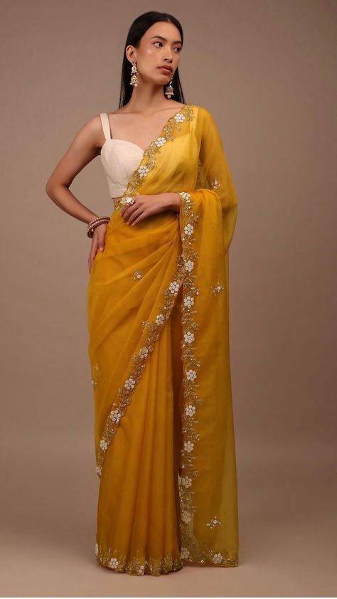 Orange Color Pure Crystal Organza Saree, All Over Floral Prints And Jerkan And Stone Work Beautiful Saree Hand Work Saree Party Wear Saree by Fashion4Women on Etsy Yellow Saree With White Blouse, Yellow Organza Saree, Butti Design, White Silk Blouse, Organza Silk Saree, White Saree, Yellow Saree, Organza Sarees, On The Border