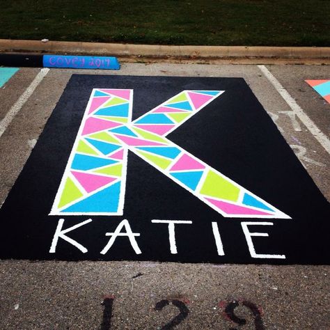 Senior parking spot Teacher Parking Spot Painting, Up Senior Parking Spot, Parking Curb Painting High School, Best Senior Parking Spots, Easy Parking Spot Painting Ideas, High School Painted Parking Spots, Chalking Senior Parking Spots, Painted Parking Spaces Ideas, Parking Lot Party