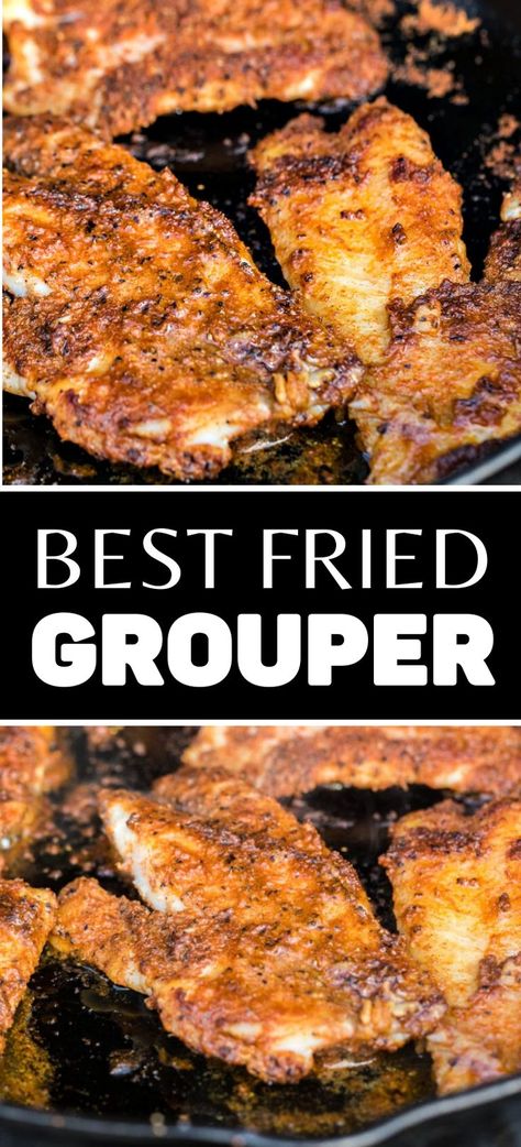 Collage of closeup shot of fried grouper in skillet at top and bottom. Grouper Fish Recipes, Fried Grouper, Grouper Recipe, Grouper Recipes, Grouper Fillet, Grouper Fish, Air Fryer Recipes Snacks, Best Seafood Recipes, Fried Fish Recipes