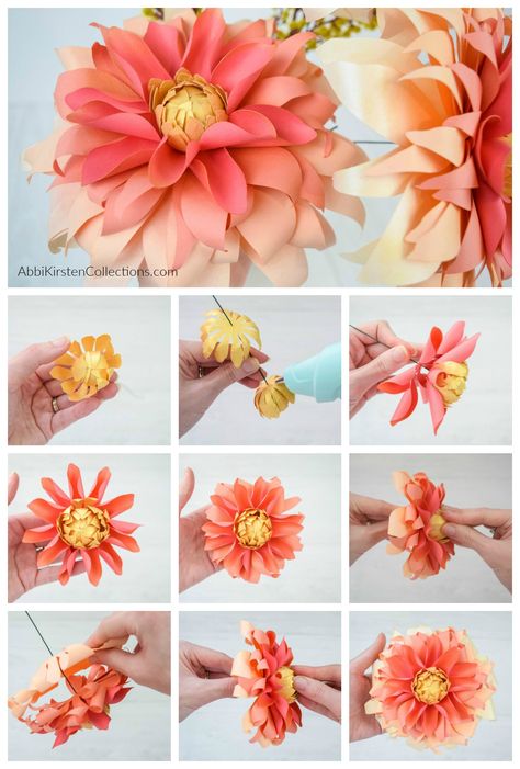 paper dahlia tutorial 3d Paper Flowers, Paper Dahlia, Autumn Paper, Arte Van Gogh, Paper Flower Crafts, Paper Flower Template, How To Make Paper Flowers, Crepe Paper Flowers, Paper Flower Tutorial