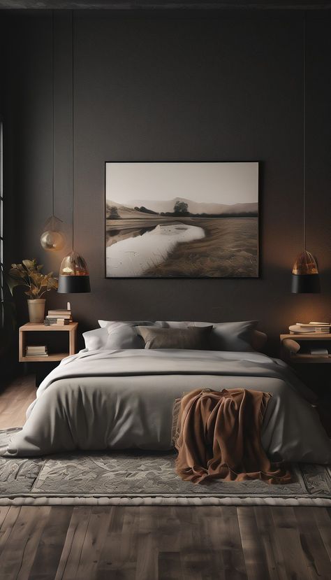 Hyperrealism dark interior of a boho design bedroom with bed and modern minimalistic wall art Masculine Bedroom Decor, Industrial Bedroom Design, Masculine Bedroom, Earthy Bedroom, Moody Bedroom, Dark Bedroom, Industrial Bedroom, Black Bedroom, Master Bedrooms Decor