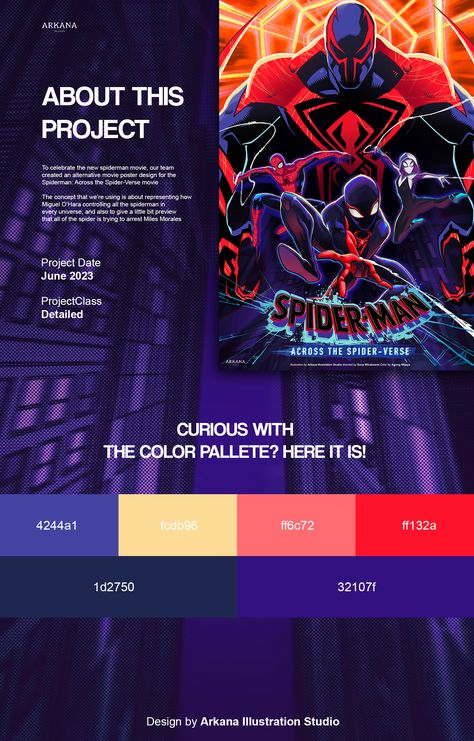 Movie Poster Color Palette, Spiderman Colour Palette, Spider Man To The Spider Verse, Spiderverse Colour Palette, Spiderman Across The Spider Verse Color Palette, Into The Spiderverse Color Palette, Spiderverse Color Palette, Spiderman Color Palette, Color Palette For Character Design