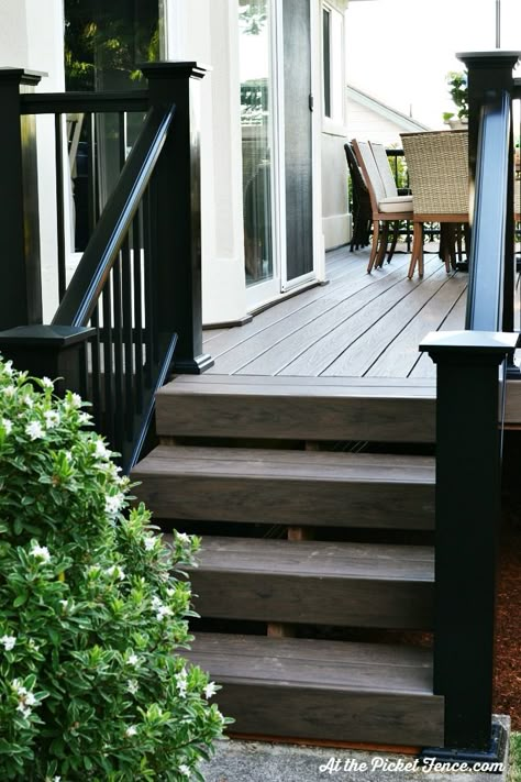 White House With Black Deck, Two Tone Deck, Pantry Larder, Black Railing, Deck Makeover, Black Deck, Floor Boards, Deck Colors, Composite Deck