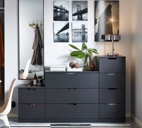 bedroom-Chests-of-drawers_NORDLI-9-drawer-dresser-black Nordli Ikea, Ikea Dressers, Chest Of Drawers Decor, Ikea Bedroom Storage, Bedroom Ikea, Ikea Nordli, Chest Of Drawers Design, Bedroom Drawers, Bedroom Chest Of Drawers