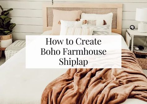 In DIY How to Create Boho Farmhouse Shiplap The farmhouse style has been taking shape ever since Joanna Gaines made us all so aware of its simple beauty. There are many interpretations of the farmhouse style, I tend to lean toward the modern farmhouse look. However, lately I’ve been infusing some boho throughout our house. I love the textures and natural elements found in the bohemian look. The boho style can also be super colorful or simply neutral, it’s so flexible and fun! In de… Diy Farmhouse Bedroom, Magnolia Homes Paint, Farmhouse Shiplap, Custom Floating Shelves, Installing Shiplap, Baseboard Trim, Modern Farmhouse Diy, Bedroom Upgrade, Shiplap Accent Wall