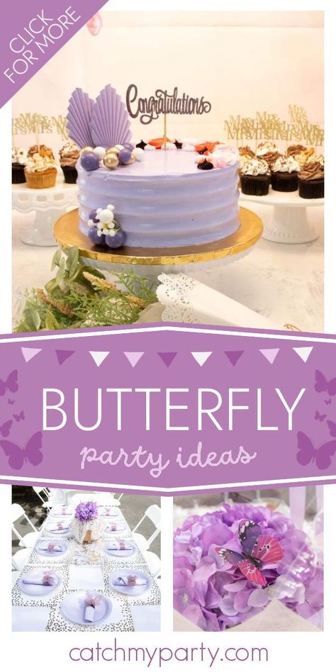 Don't miss this beautiful purple-themed butterfly party! The table settings are so pretty! See more party ideas and share yours at CatchMyParty.com Butterfly Themed Birthday Party, Butterfly Garden Party, Birthday Party Activities, Birthday Party For Teens, Morpho Butterfly, Butterfly Party, Butterfly Cakes, Butterfly Theme, Teen Birthday