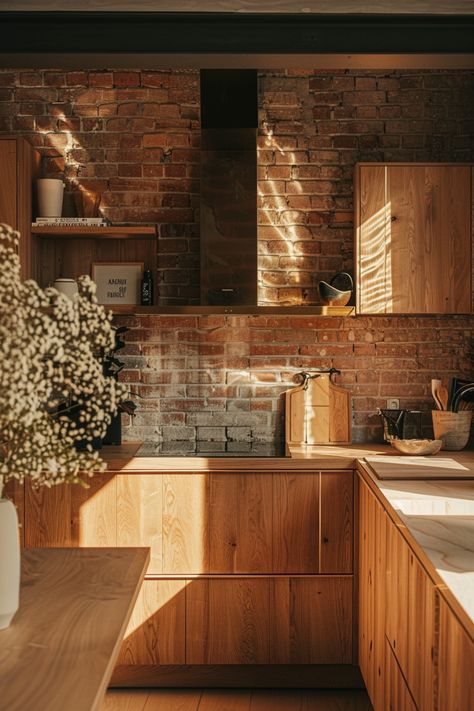 Add Character with a Brick Backsplash in Your Farmhouse Kitchen - Quiet Minimal Brick Backsplash Ideas, Kitchen Loft Design, Brick Kitchen Wall, Red Brick Tiles, Brick Tile Backsplash, Java House, Brick Wall Kitchen, Brick Kitchen Backsplash, Brick Backsplash Kitchen