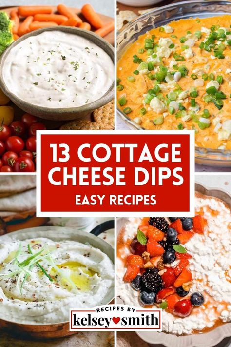 Four cottage cheese dips Cottage Cheese Dip Recipes, Cottage Cheese Dessert Recipes, Cottage Cheese Dip, Cottage Cheese Recipes Healthy, Healthy Dip Recipes, Cottage Cheese Desserts, Cottage Cheese Dips, Queso Cottage, Cheese Dips