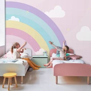 Kids Room Girls Bedroom Ideas, Kids Room Decoration Ideas, Kids Bedroom Decor Ideas, Rainbow Wall Mural, Kids Rooms Shared, Rainbow Bedroom, Room Decoration Ideas, Big Girl Bedrooms