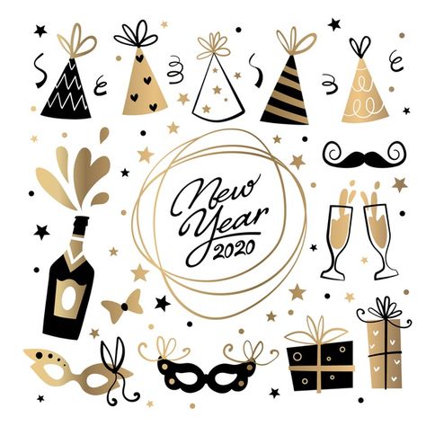 New Years Illustration Art, New Year Stickers Free Printable, New Year Doodle 2024, New Year Stickers 2024, New Year Doodle Art, New Year Doodles, New Years Stickers, Happy New Year Drawing, New Years Clipart