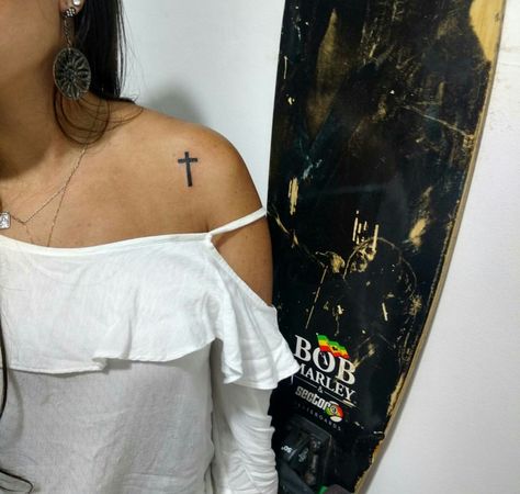 Cross tatt on shoulder Cross On Shoulder Tattoo, Cross Tats For Women, Cross Shoulder Tattoos For Women, Cross Tattoo On Shoulder, Cross Shoulder Tattoo, Black Cross Tattoos, Cross Shoulder Tattoos, Tiny Cross Tattoo, Women's Shoulder Tattoo