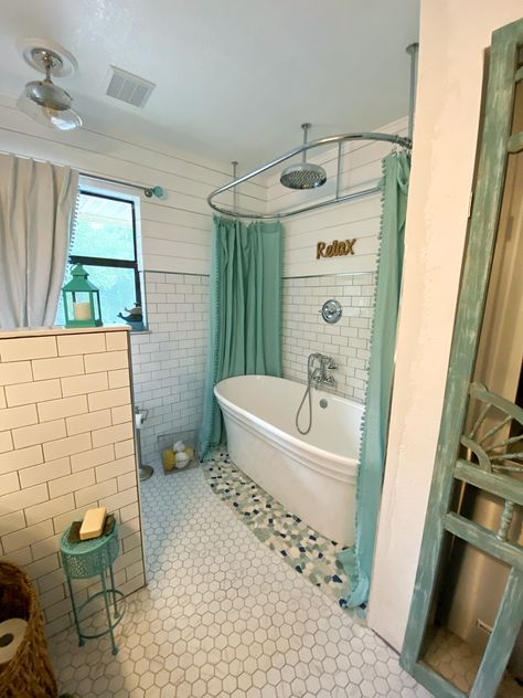 Rain Shower Tub Combo, Small Bathroom Renovation Ideas With Tub, Clawfoot Tub Bathroom Tile Wall, Clawfoot Tub Inside Shower Stall, Main Bathroom Ideas Farmhouse, Free Standing Bathtub Shower Combo, Free Standing Tub With Shower Curtain, Freestanding Tub Shower Curtain, Freestanding Tub With Shower Combo