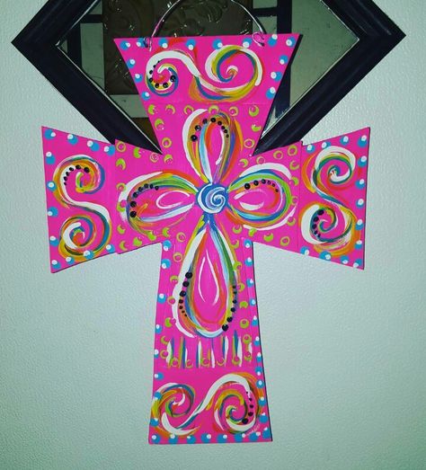 Painted Wood Shapes, Cross Door Hangers, Cross Ideas, Door Hanger Ideas, Wooden Door Hanger, Hanger Ideas, Wood Shapes, Wooden Door Hangers, Wooden Cross