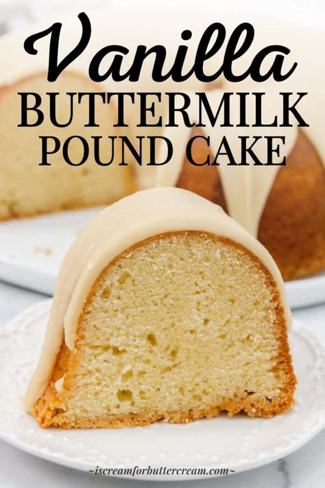 This vanilla buttermilk cake is the perfect combination of the classic pound cake texture that's more richly dense with a full vanilla buttery flavor, topped with a vanilla buttermilk glaze. Vanilla Buttermilk Pound Cake, Pound Cake Icing, Brown Butter Icing, Buttermilk Glaze, Classic Pound Cake, Pound Cake Glaze, Cake Texture, Butter Pound Cake, A Southern Soul