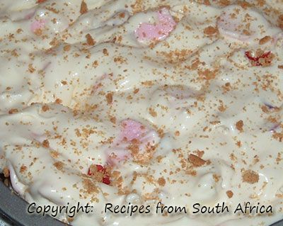 Marshmallow tart is a great winner here in South Africa.  It is so easy to make and tastes wonderful... Marshmallow Fridge Tart Recipe, Marshmallow Tart Recipes, Deserts With Marshmallow, Marshmallow Pudding Recipes, Maize Meal Recipes South Africa, Pineapple Fridge Tart South Africa, Fridge Tarts South Africa, Cremora Tart Recipe South Africa, Cremora Tart Recipe