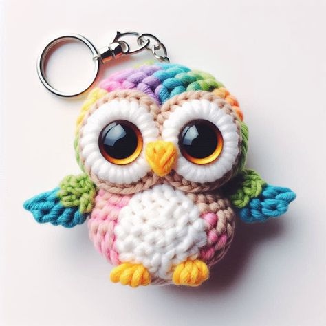 Create a colorful owl amigurumi keychain with this easy crochet pattern. Perfect for beginners and a fun, vibrant addition to any keychain collection! Owl Crochet Pattern Free, Crochet Keyring, Amigurumi Keychain, Keychain Collection, Owl Crochet Patterns, Owl Keychain, Colorful Owl, Crochet Birds, Crochet Owl