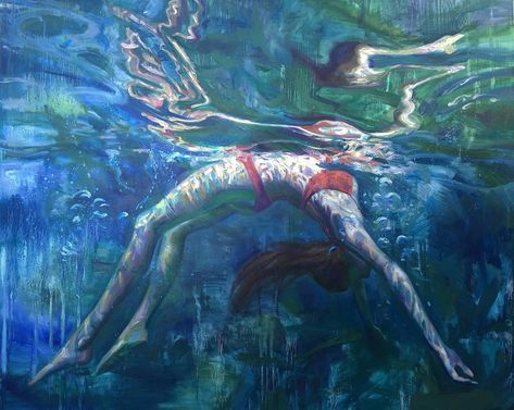 Paintings of Women Submerged in Water | Doodlers Anonymous Isabel Emrich, Woman Swimming, Swimming Women, Underwater Painting, Underwater Art, Soyut Sanat Tabloları, Water Art, Under Water, A Level Art