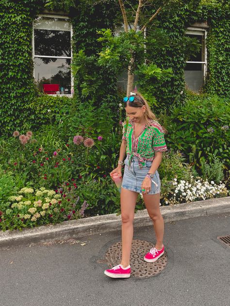 Urban Outfitters Vans Mango Dublin outfit with red vans denim skirt and crop shirt Red Blue Yellow Green Vans Outfit, Red Checkered Vans Outfit, Red Vans Sneakers For Spring, Vans Warped Tour Outfit, Red Platform Vans, Dublin Outfit, Vans Colorful, Red Vans Outfit, Warped Tour Outfit