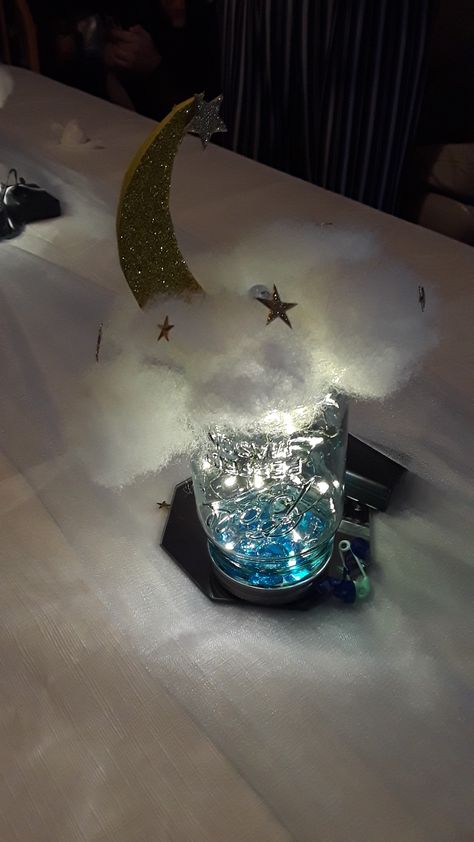 Under The Stars Centerpiece Ideas, A Night Under The Stars Centerpieces, Stary Night Centerpiece, Starry Night Centerpieces Diy, Starry Night Prom Centerpieces, Night Under The Stars Table Decor, Sweet 16 Starry Night Theme, Moon And Stars Sweet 16 Theme, Start Night Centerpieces