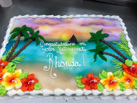 Hawaiian Cakes, Hawaiian Birthday Cakes, Tropical Cakes, Tiki Cake, Square Birthday Cake, Beach Birthday Cake, Sunset Theme, Airbrush Cake, Cake Receipe