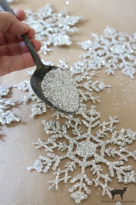 Glass Glitter Snowflake Ornaments - The Crowned Goat Diy Bling Ornaments, Frosted Glass Ornaments Diy, German Glass Glitter Projects, Crushed Glass Ornaments, Diy Snowflake Ornaments, Glass Glitter Ornaments, Solstice Crafts, Snowball Tree, Glass Ornaments Diy