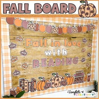 Have your students "fall" in love with reading with this trendy fall themed bulletin board! Books, coffee, candles, and pumpkin clipart- this board has all of the things that makes the fall season feel cozy and special.  This interactive bulletin board kit is so easy to set up and can be used for many years to come!This bulletin board display comes with the following:"Fall In Love With Reading" and "Books Are Unbe-LEAF-able" letters in color and black and whiteBoard Decor in colorBanners2 Bullet Fall Welcome Bulletin Boards, Fall Library Bulletin Boards, Fall Leaves Bulletin Board, Leaves Bulletin Board, Bulletin Board Reading, Fall Into Reading, Reading Bulletin Board, Fall In Love With Reading, Class Bulletin Boards