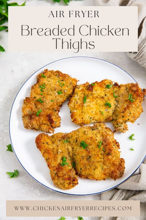 Easy Air Fryer Breaded Chicken Thighs Breaded Chicken Thighs Air Fryer, Chicken Thigh Air Fryer Recipes, Chicken Thigh Air Fryer, Air Fryer Fried Chicken Thighs, Fried Chicken Thighs Boneless, Chicken Thighs Air Fryer, Breaded Chicken Thighs, Fried Chicken Thigh Recipes, Fried Breaded Chicken