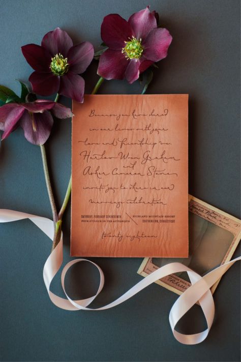 25 of the Hottest Wedding Stationery Trends Right Now! | One Fab Day Leather Invitation, Leather Wedding Invitations, Velvet Invitation, Laser Engraved Wedding, Wedding Invitation Inspiration, Leather Wedding, Winter Wedding Inspiration, Geometric Wedding, Engraved Wedding