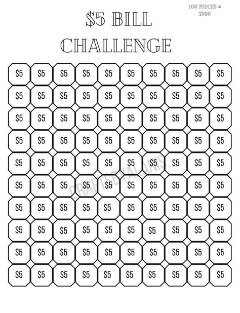 5 Dollar Bill Challenge Printable Savings Challenge SavingsEtsy $5 Bill Challenge, Dollar Saving Challenge, 5 Dollar Bill, Dollars Money, Printable Savings Challenge, 500 Dollars, Saving Money Chart, Savings Chart, Money Chart