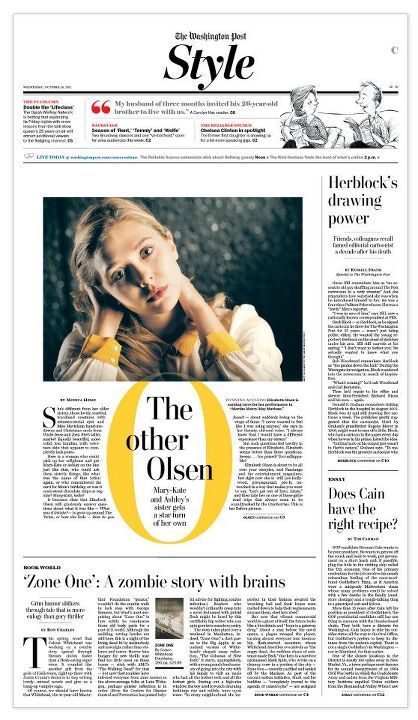 Pulling out the beautiful yellow tone in Elizabeth Olsen's outfit really makes this layout "pop." Layout Editoriale, Newspaper Pictures, Newspaper Design Layout, Mises En Page Design Graphique, Newspaper Layout, 잡지 레이아웃, Front Page Design, Editorial Design Layout, Yellow Tone