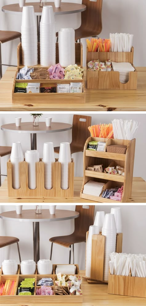 Natural Wooden Coffee Organizers #foodservice #coffee #organization Kitchen Counter Coffee Bar, At Home Coffee Bar, Coffee Bar Ideas Kitchen, Coffee Bar In Kitchen, Counter Coffee Bar, Bar In Kitchen, Coffee Bar At Home, Coffee Bar Ideas Kitchen Counter, Office Coffee Bar