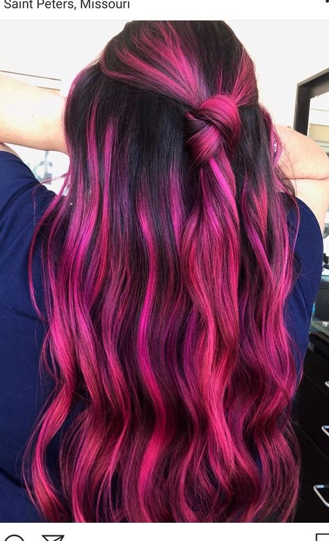 Hot Pink Baylage Hair, Neon Pink Highlights In Brown Hair, Colorful Baylage, Magenta Hair Peekaboo, Dark Hair With Hot Pink Highlights, Red Pink And Black Hair, Hot Pink Balayage Brunette, Hot Hair Colors For 2023, Pink Hair With Black Highlights