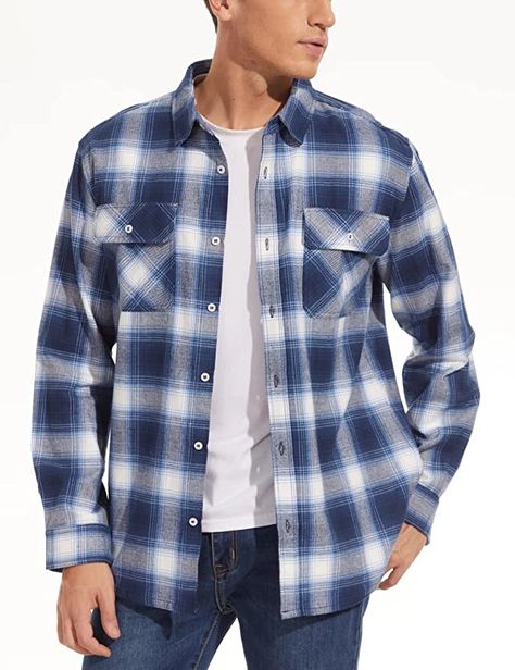 MAGCOMSEN Men's Casual Button-Down Shirts Long Sleeve Flannel Shirt for Men Plaid Shirts for Men Golf Shirts Work Shirts Outdoor Shirts Blue White at Amazon Men’s Clothing store Blue Flannel Outfits Men, Blue Flannel Outfit, Blue Shirt Outfit Men, Light Blue Flannel, Flannel Shirt Men, Blue Checkered Shirt, Outdoor Shirts, Check Shirt Man, Shirt Outfit Men