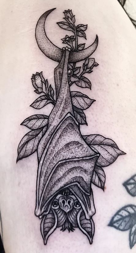 100+ Trendy Bat Tattoos, Designs & Meanings - Tattoo Me Now Bat Tattoo Upside Down, Black And Grey Bat Tattoo, Spooky Bat Tattoo, Bat Spine Tattoo, Bat And Skull Tattoo, Hanging Bat Tattoo Design, Spooky Ear Tattoo, Bat Hanging Tattoo, Girly Bat Tattoo