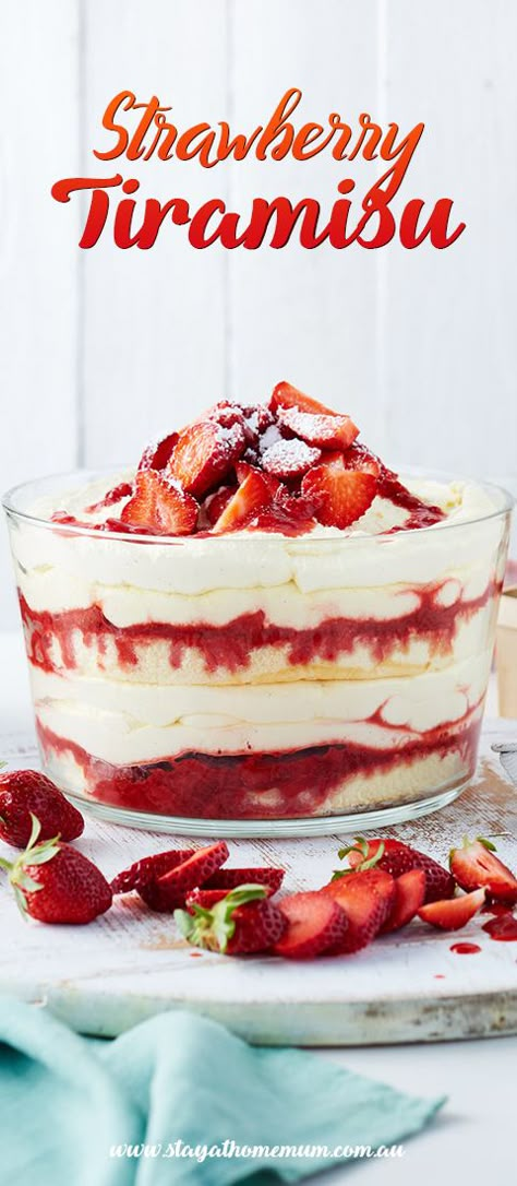 Strawberry Tiramisu is a delectable, tantalising and sweet treat fit for a king (or queen!) Strawberry Shortcake Ideas, Desserts Strawberry, Cake Sponge, Strawberry Tiramisu, Stay At Home Mum, Trifle Desserts, Trifle Recipe, King Or Queen, Gourmet Desserts