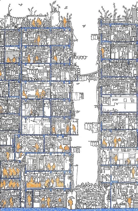 Hong Kong Kowloon Walled City, Kowloon Walled City, Walled City, Architectural Drawing, Cross Section, Fantasy Map, Architecture Illustration, Acropolis, Architecture Presentation