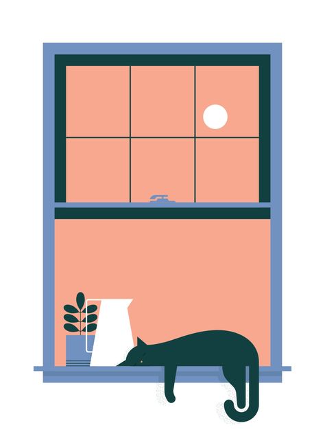 Window Illustration Drawing, Window Sill Illustration, Window View Illustration, Cat Sitting In Window Drawing, Cat On A Window Sill Drawing, Cat Window Illustration, Dog In Window Illustration, Cat In Window Illustration, Gig Poster