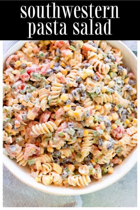 Southwestern Pasta Salad is a flavor filled side dish that is perfect for a potluck, BBQ, or to bring new parents! This pasta salad is filled with bell peppers, corn, black beans, cilantro, green onions, taco seasoning, ranch seasoning, Greek yogurt, and mayonnaise. Ranch Seasoning Pasta Salad, Southwestern Pasta Salad, Southwestern Pasta, Potluck Bbq, Southwest Pasta, Southwest Pasta Salad, Mexican Pasta Salad, Summer Pasta Salad Recipes, Taco Pasta Salad