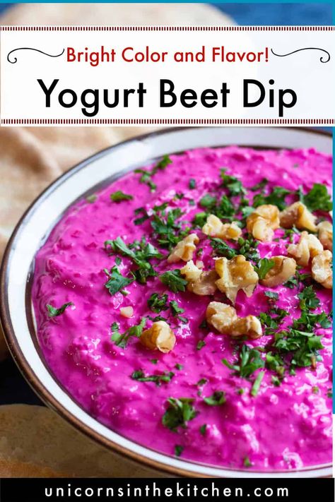 Persian beet dip is the star of any spread. The bright color and flavor makes this easy 10-minute yogurt based dip appealing to anyone. You can use store-bought cooked beets or cook them from scratch. This Persian beet dip uses yogurt and doesn't call for mayonnaise or sour cream, making it a light dip to enjoy with crackers or bread. Cooked Beets, Roasted Beets Recipe, Beet Dip, Delicious Dips Recipes, Beet Hummus, Dairy Free Yogurt, Beet Recipes, Beetroot Dip, Dip Recipes Easy