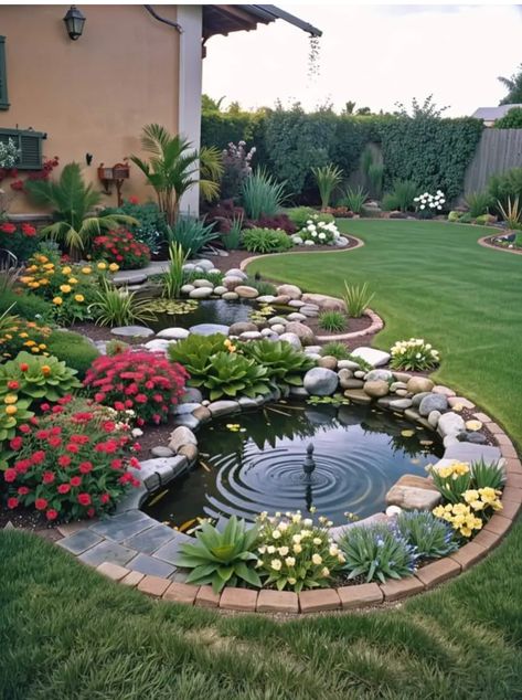 Garden Pond Design, Front Yard Garden Design, Home Garden Design, Outdoor Gardens Design, Ponds Backyard, Garden Yard Ideas, Backyard Garden Design, Front Yard Garden, Garden Landscape Design