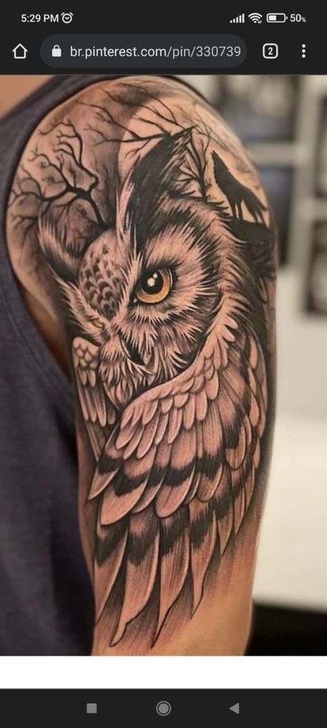 Owl Upper Arm Tattoo, Men Owl Tattoo Ideas, Owl Full Sleeve Tattoo, Owl Tatoos Men, Owl Half Sleeve Tattoo, Owl Shoulder Tattoo, Tattoos For Men Upper Arm, Owl Tattoo Arm, Snow Owl Tattoo