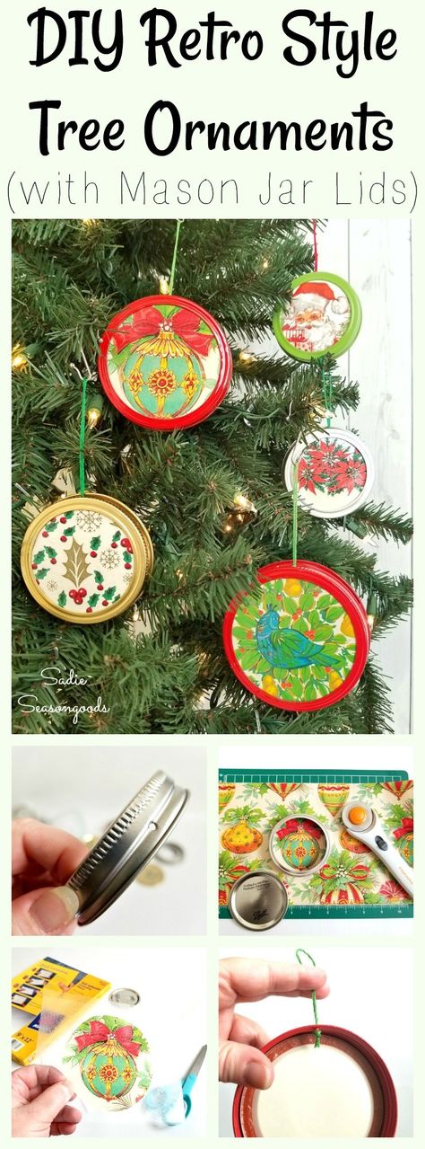 Canning jar lids (or mason jar lids) are so fun and easy to repurpose into various kinds of DIY ornaments. In this craft project tutorial, I pair them up with scraps of upcycled vintage Christmas wrapping paper and gift wrap to create framed retro graphic ornaments for the tree! They are easy to store and won't break if they get knocked to the floor- perfect for pet owners! Get all the details from Sadie Seasongoods / www.sadieseasongoods.com Mason Jar Lids Ornaments, Mason Jar Lid, Canning Jar Lids, Vintage Christmas Wrapping Paper, Diy Hanging Shelves, Mason Jar Flowers, Mason Jar Crafts Diy, Diy Upcycling, Canning Jar