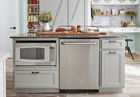 Dishwasher In Island, Peninsula Kitchen Ideas, Dishwasher Cabinet, Microwave In Island, Island With Sink, Sink Window, Trash Cabinet, Diy Kitchen Ideas, Kitchen Island With Sink