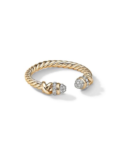 Find DAVID YURMAN Petite Helena Open Ring In 18k Yellow on Editorialist. In the Helena Collection, David Yurman returns to the longer, leaner twist of his first handmade Cable bracelet, wrapping the iconic form with 18K yellow gold threads accented with hand-set pavé diamonds. 18-karat yellow gold Pavé diamonds, 0.16 total carat weight Ring, 2.5mm Cablespira is a patented DY construction that is highly flexible and exceptionally comfortable to wear Made in Italy ABOUT THE BRAND David, a sculptor, and his wife, Sybil, a painter, launched their innovative jewelry brand in 1980 in New York City. Since then, the American design house has pioneered cutting-edge collections from its iconic combination of sterling silver and diamonds to signature pinky rings. Today, with their son Evan, the Yurma Open Ring Gold, Pinky Rings, David Yurman Ring, David Yurman Bracelet, Hand Rings, Twisted Bracelet, David Yurman Jewelry, Yellow Gold Jewelry, Diamonds And Gold