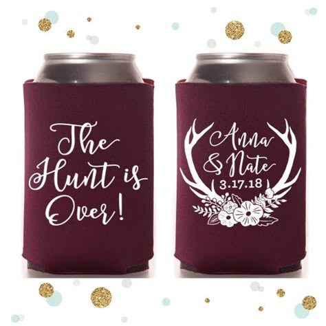 The Hunt is Over Antlers Wedding Can Cooler 71R Custom | Etsy Antler Wedding Centerpieces, Wedding Can Koozie Ideas, Engagement Koozies, Camo Wedding Decorations, Hunting Wedding Theme, Southern Wedding Decorations, Country Wedding Colors, Country Wedding Favors, Koozie Wedding Favors